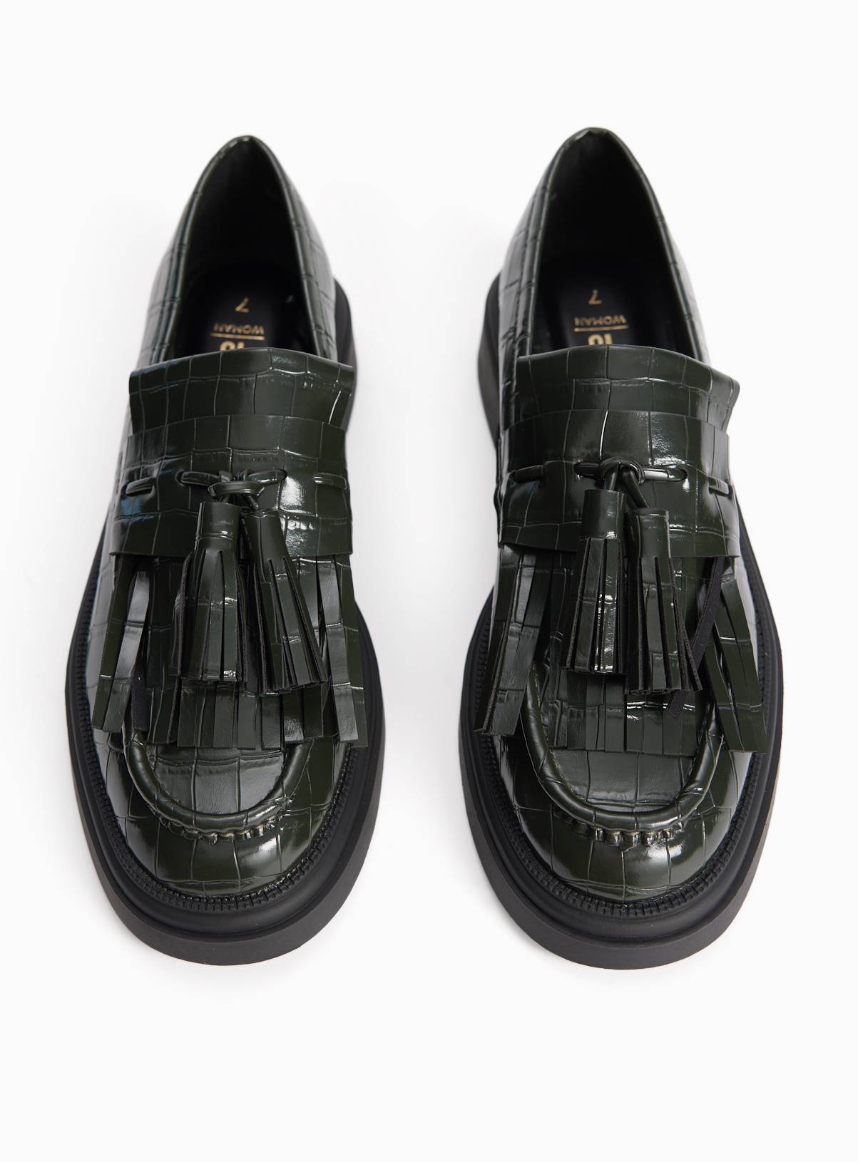 Dark Green Faux Leather Croc Detail Chunky Loafers 5 - Image 1